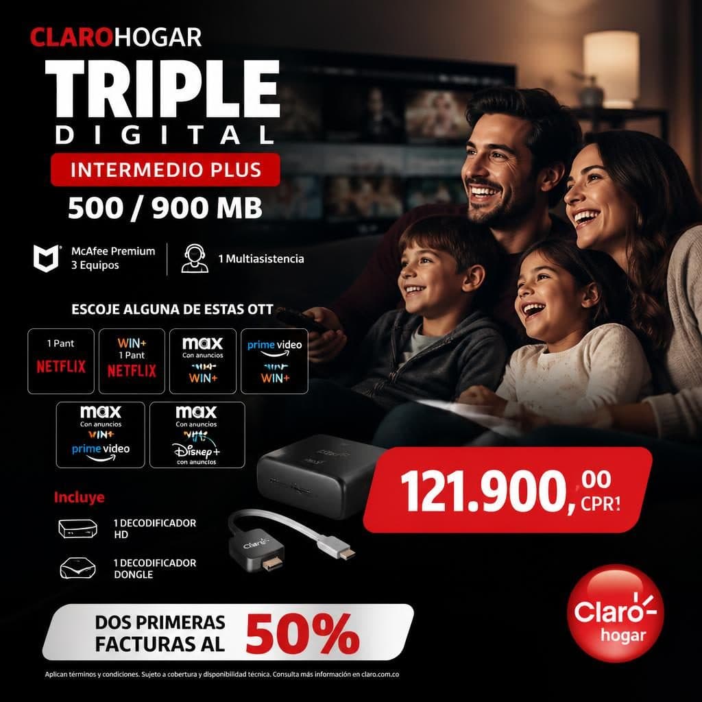 TRIPLE DIGITAL INTERMEDIO PLUS 500 / 900 MB (McAfee Premium 3 Equipos y 1 Multiasistencia)