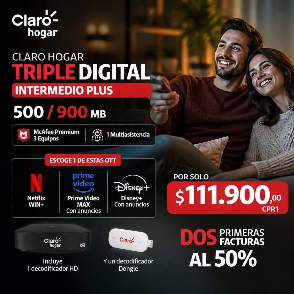 TRIPLE DIGITAL INTERMEDIO PLUS 500 / 900 MB (McAfee Premium 3 Equipos y 1 Multiasistencia)