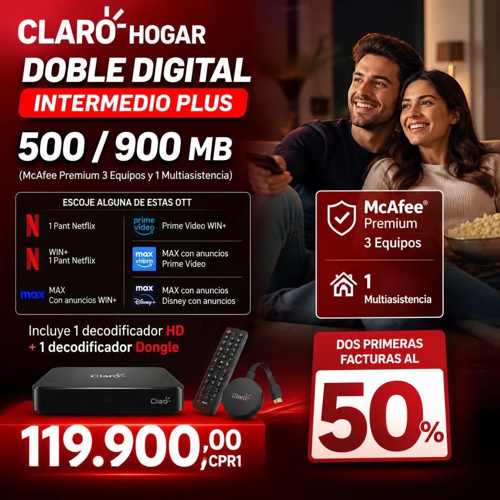 DOBLE DIGITAL INTERMEDIO PLUS 500 / 900 MB (McAfee Premium 3 Equipos y 1 Multiasistencia)