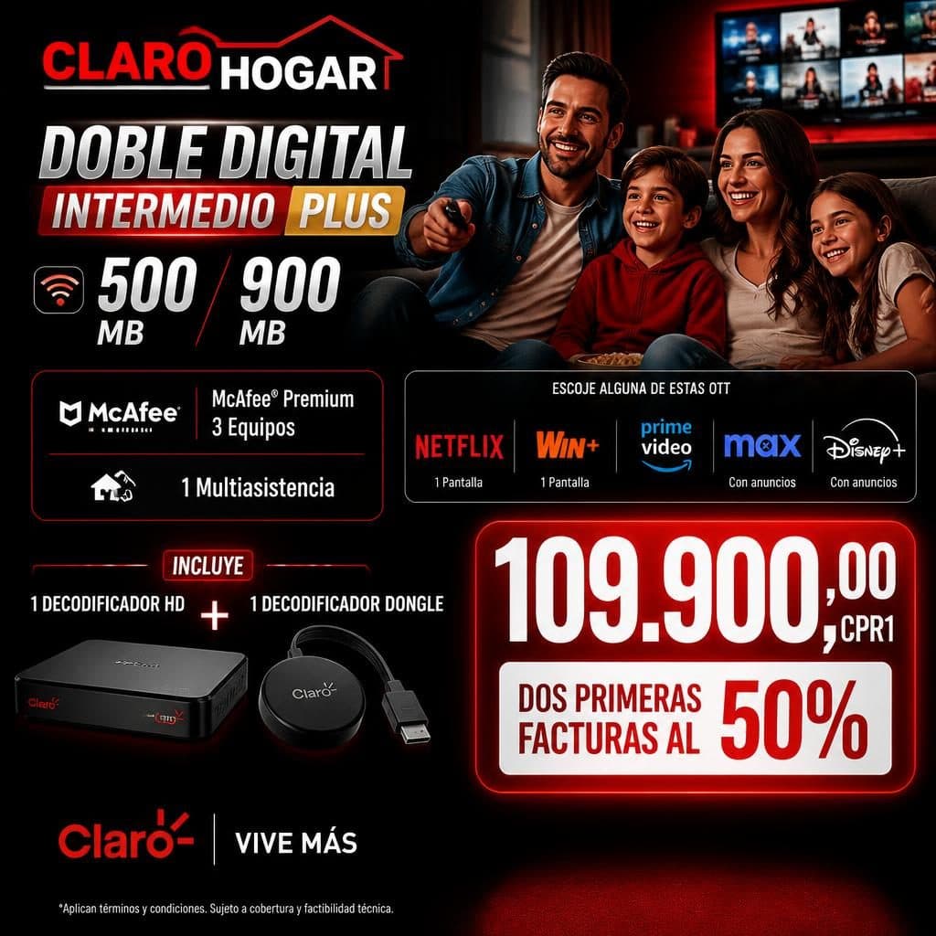 DOBLE DIGITAL INTERMEDIO PLUS 500 / 900 MB (McAfee Premium 3 Equipos y 1 Multiasistencia)